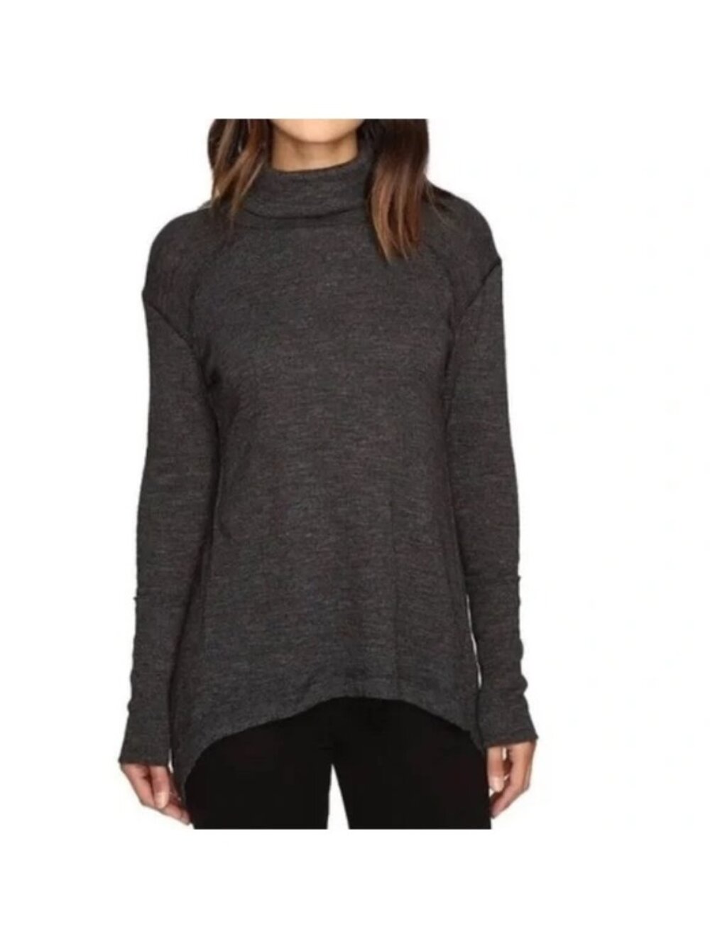 We The Free Top Small Mock Neck Split Back Long Sleeve Gray Relaxed Cozy Knit